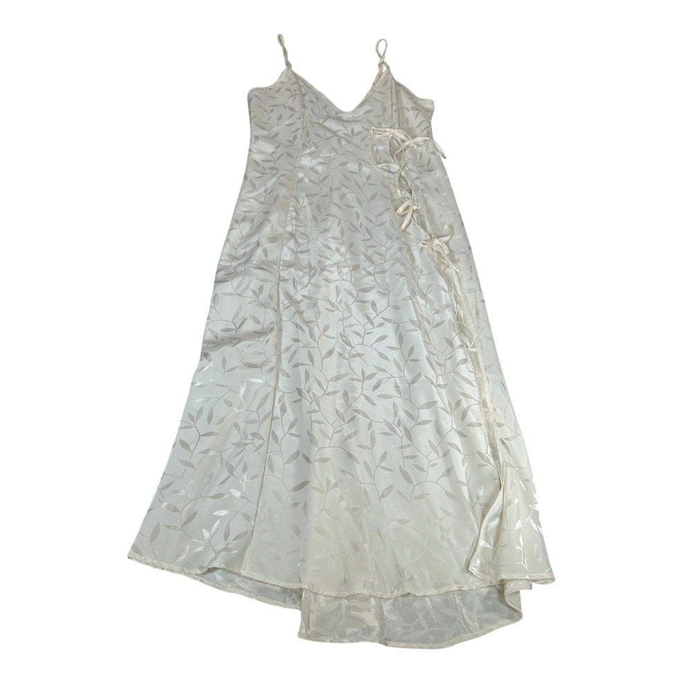 Contessa Di Roma VTG Cream Leaf Jacquard Maxi Nightgown Side Tie Lingerie Med